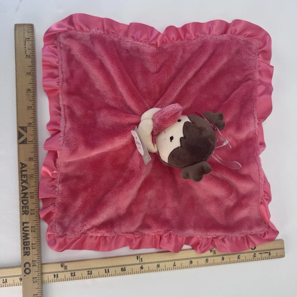 Pink Security Blanket by Carters Rattle Doll Silky Lovey Baby Brown Hair Gift